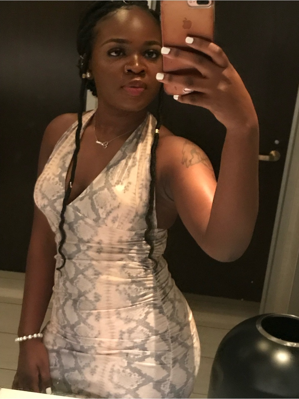 Fashion Nova Backless Snake-Print Halter Dress in Beige and Gray